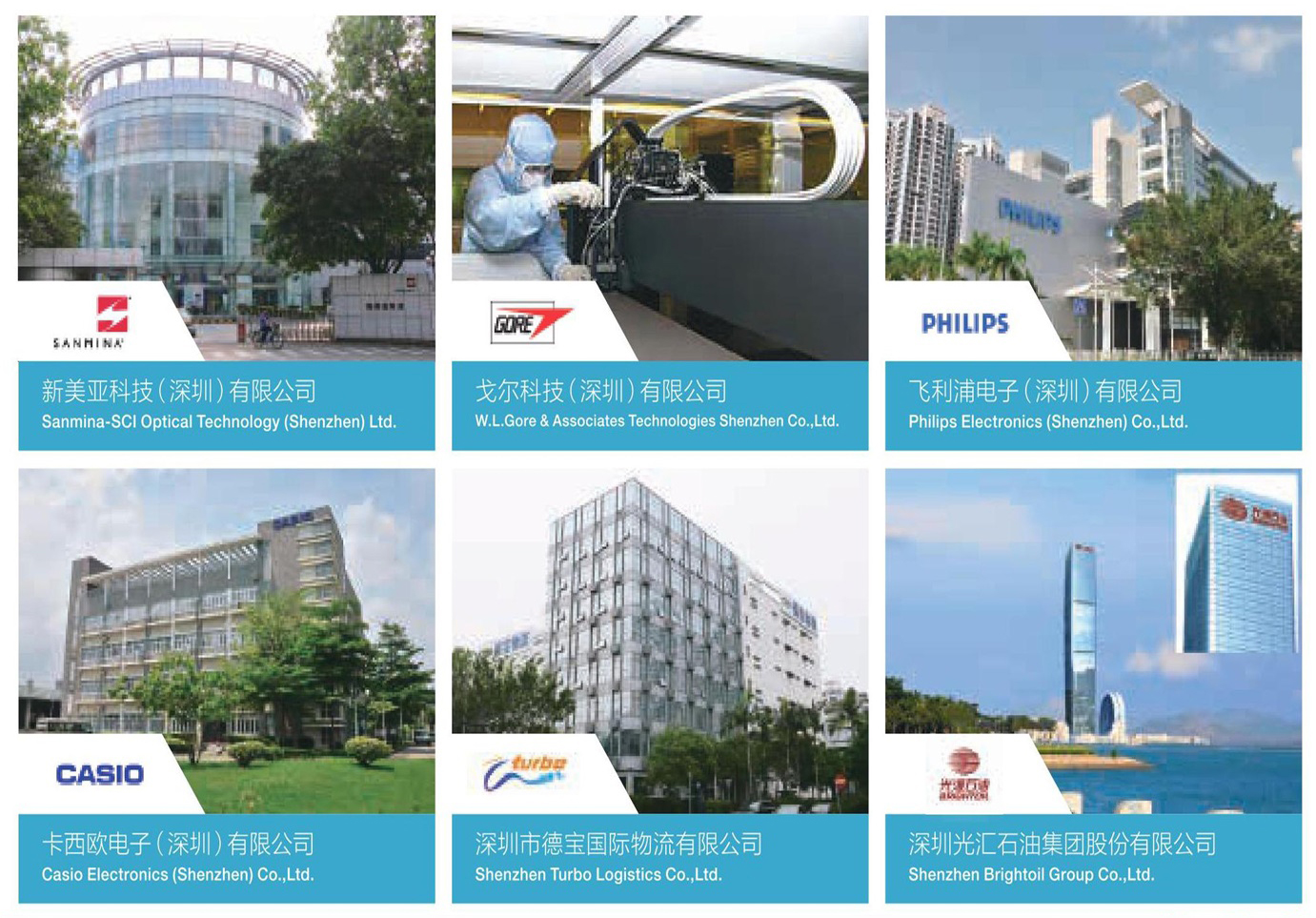 新美亚科技(深圳)有限公司、戈尔科技(深圳)有限公司、飞利浦电子(深圳)有限公司、卡西欧电子(深圳)有限公司、深圳市德宝国际物流有限公司、深圳光汇石油集团股份有限公司