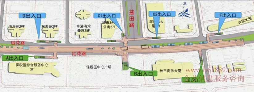 地铁3号线南延段设立福保站 3号线三期(南延)工程是在既有3号线益田站向南延伸至福田保税区、线路全长1.5km、设车站1座、福 保站:位于红花路与益田路交叉口西侧、沿红花路布置、车站为地下两层岛式车站、全长550米、预计于 2020年10月开通 福保站出入口分布图