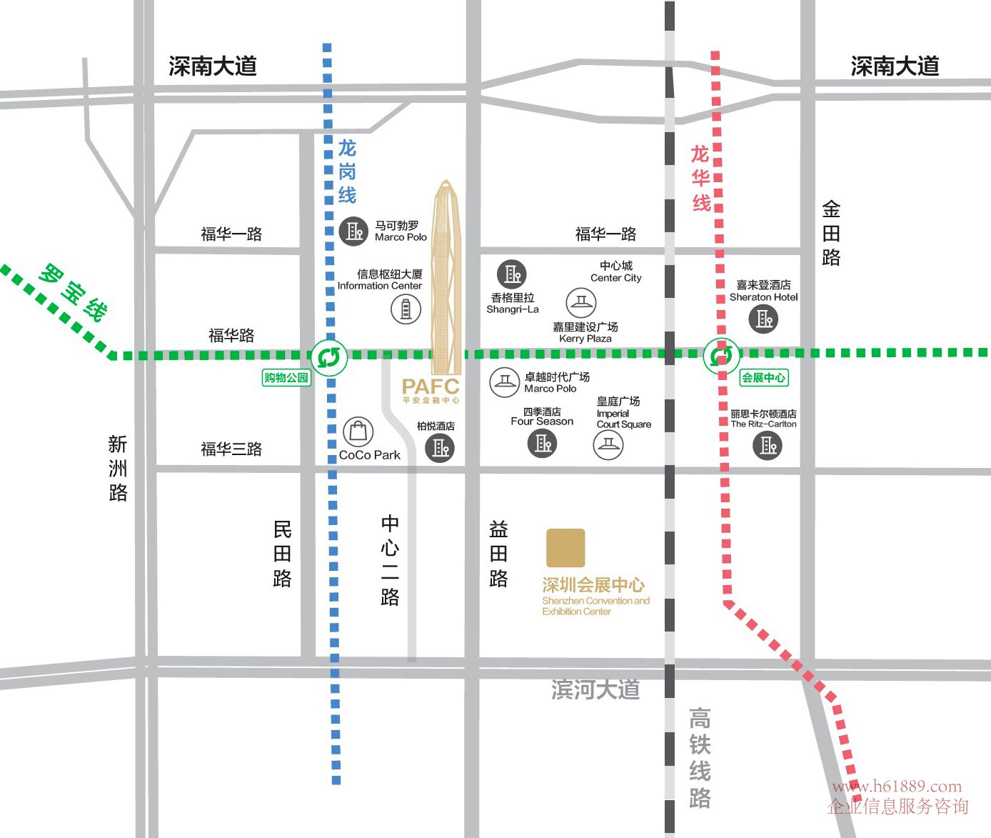 平安金融中心【平安国际金融中心】交通地铁 地铁:深圳地铁1号线【罗宝线】深圳地铁3号线【深圳龙岗线】购物公园地铁站:100米:深圳地铁2号线【蛇口线】、深圳地铁3号线【深圳地铁龙岗线】、深圳地铁11号线【深圳地铁机场快线】、广深港高铁【福田-香港西九龙】的换乘站:512米 公交:会展中心站:80路、121路、371路、375路、k578左环、m390路、m500路、高峰专线14路、高峰专线23路、高快巴士8路、机场9线 公交:益田中路站:71路、80路、235路、374路、375路、m390路、m500路、高峰专线14路 公交:购物公园地铁站:3路、64路、121路、325路、327路、371路、379路、398路、b709路、e25路、m223路、m441路、m454路、m459路、高峰专线17路滨观光线 公交:卓越时代广场站:公交:3路、325路、373路、379路、398路、m221路、m223路、m224路、m441路、m454路、m459路、高峰专线95路