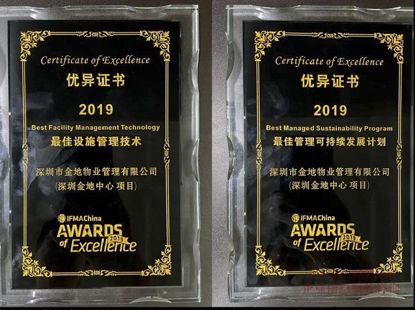 图:“最佳设施管理技术”“最佳管理可持续发展计划”证书