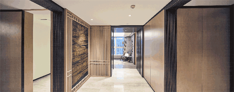 深圳中心天元、岗厦天元花园、打开玄关另一道隐形门,即见书房空间和一间套房。以玄关与书房为圆心,以艺术长廊为轴线,将北向的动区即客厅+厨房以及南向的静区即三间卧室实现有效的动静、干湿分区