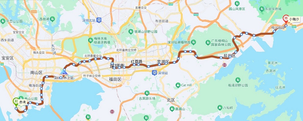 深圳地铁8号线一共38地铁站,分别为赤湾、蛇口港、海上世界、水湾、东角头、湾厦、海月、登良、后海、科苑、红树湾、世界之窗、侨城北、深康、安托山、侨香、香蜜、香梅北、景田、莲花西、福田、市民中心、岗厦北、华强北、燕南、大剧院、湖贝、黄贝岭、新秀、莲塘口岸、仙湖路、莲塘、梧桐山南、沙头角、海山、盐田港西、深外高中、盐田路。全线途径南山区、福田区、罗湖区、盐田区等4个地区:已开通为准