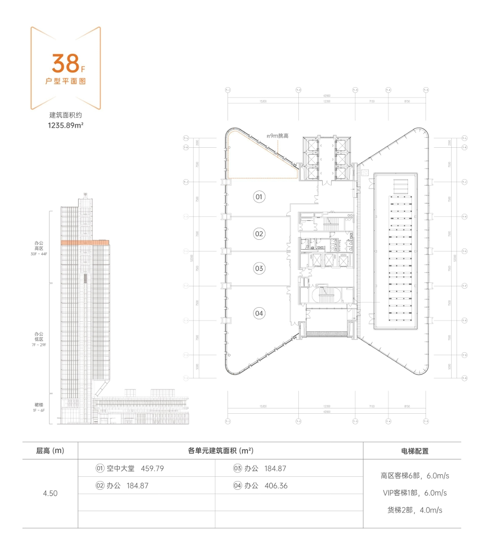 河套壹号【深港科创综合服务中心】38层:户型平面图:建筑面积约:1235.89m²