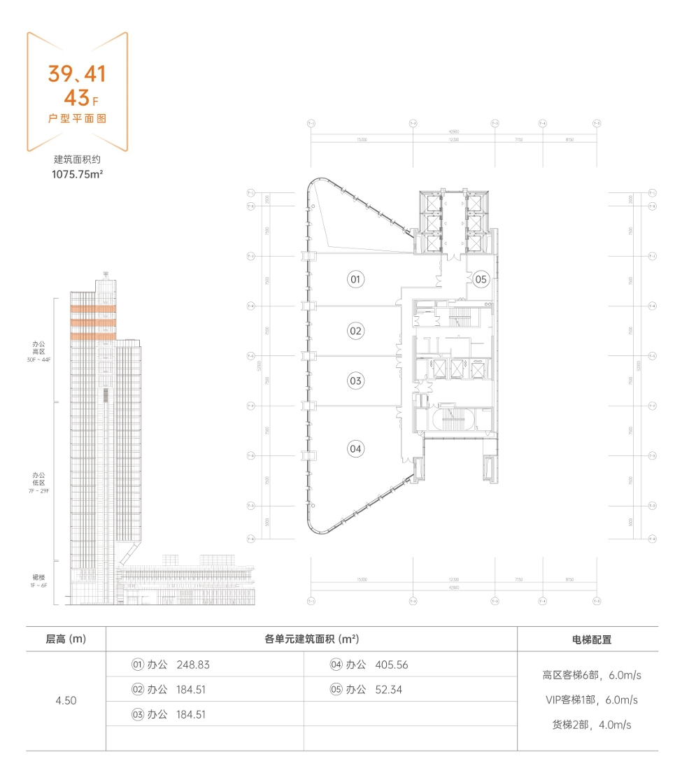 河套壹号【深港科创综合服务中心】39层41层43层:户型平面图:建筑面积约:1075.75m²